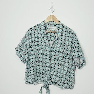 Simons Teal 100% Linen Lightweight Geometric Short Sleeve Button Down Causal XL